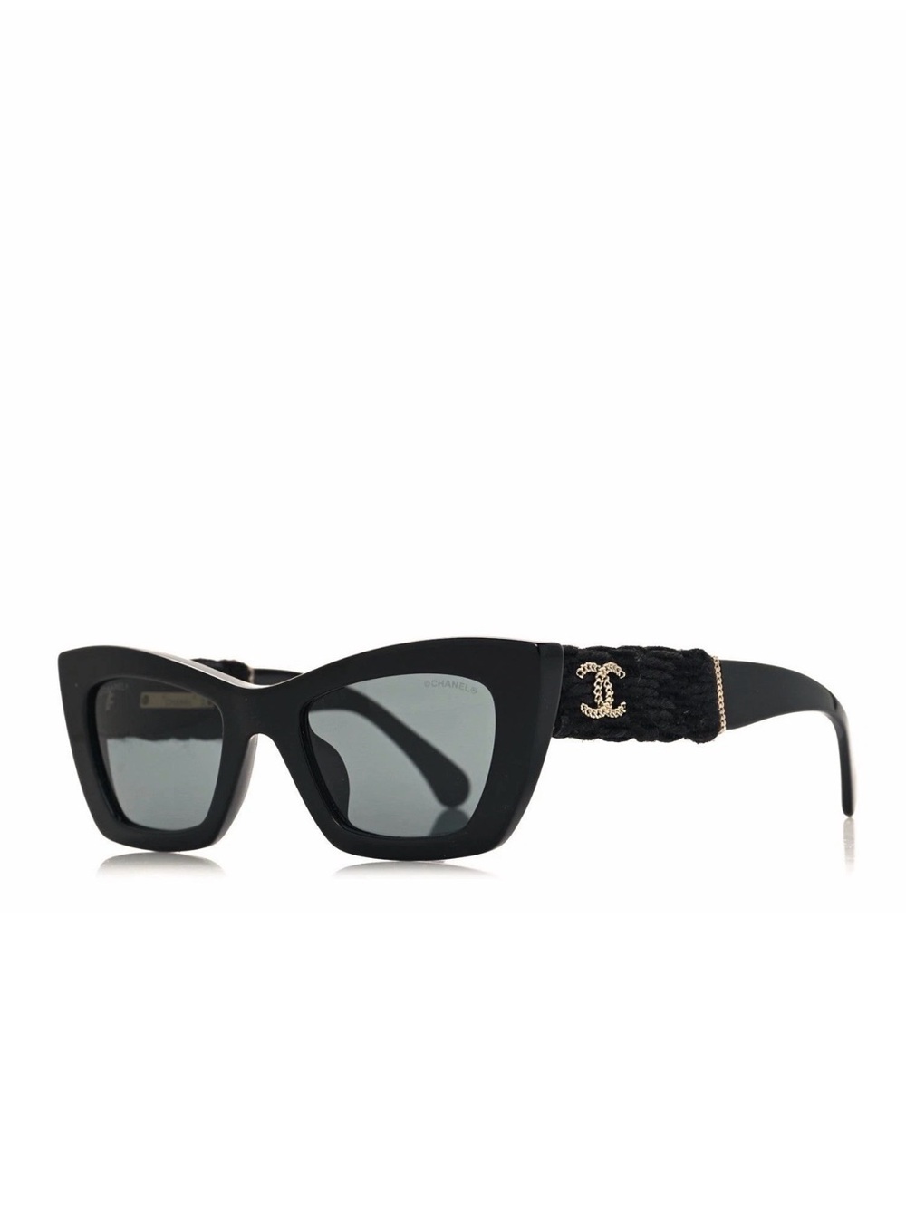 CHANEL Black Cat-Eye Tweed Sunglasses with Gold CC